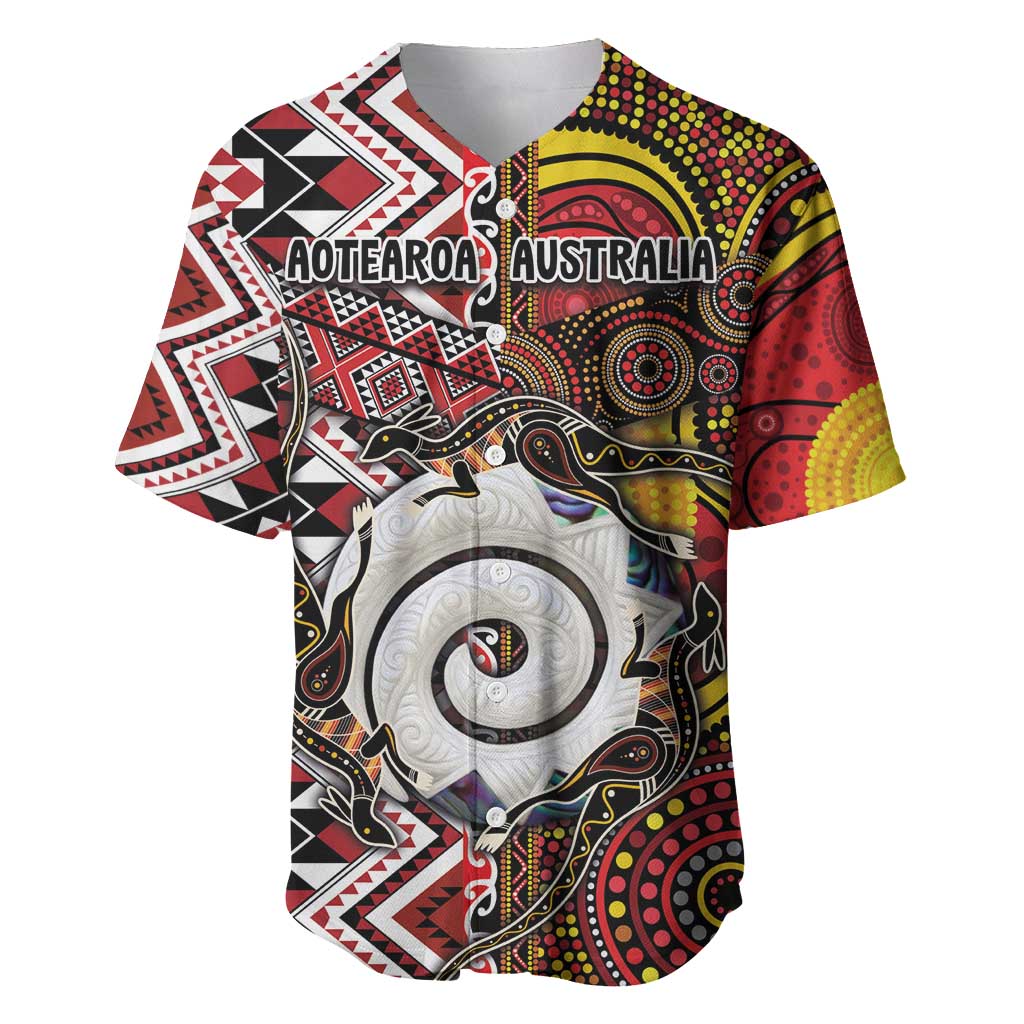 Personalised Aotearoa and Australia Together Baseball Jersey Koru and Kangaroo - Taniko with Aboriginal Motif