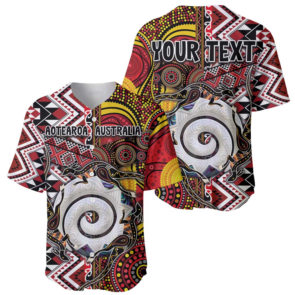 Personalised Aotearoa and Australia Together Baseball Jersey Koru and Kangaroo - Taniko with Aboriginal Motif