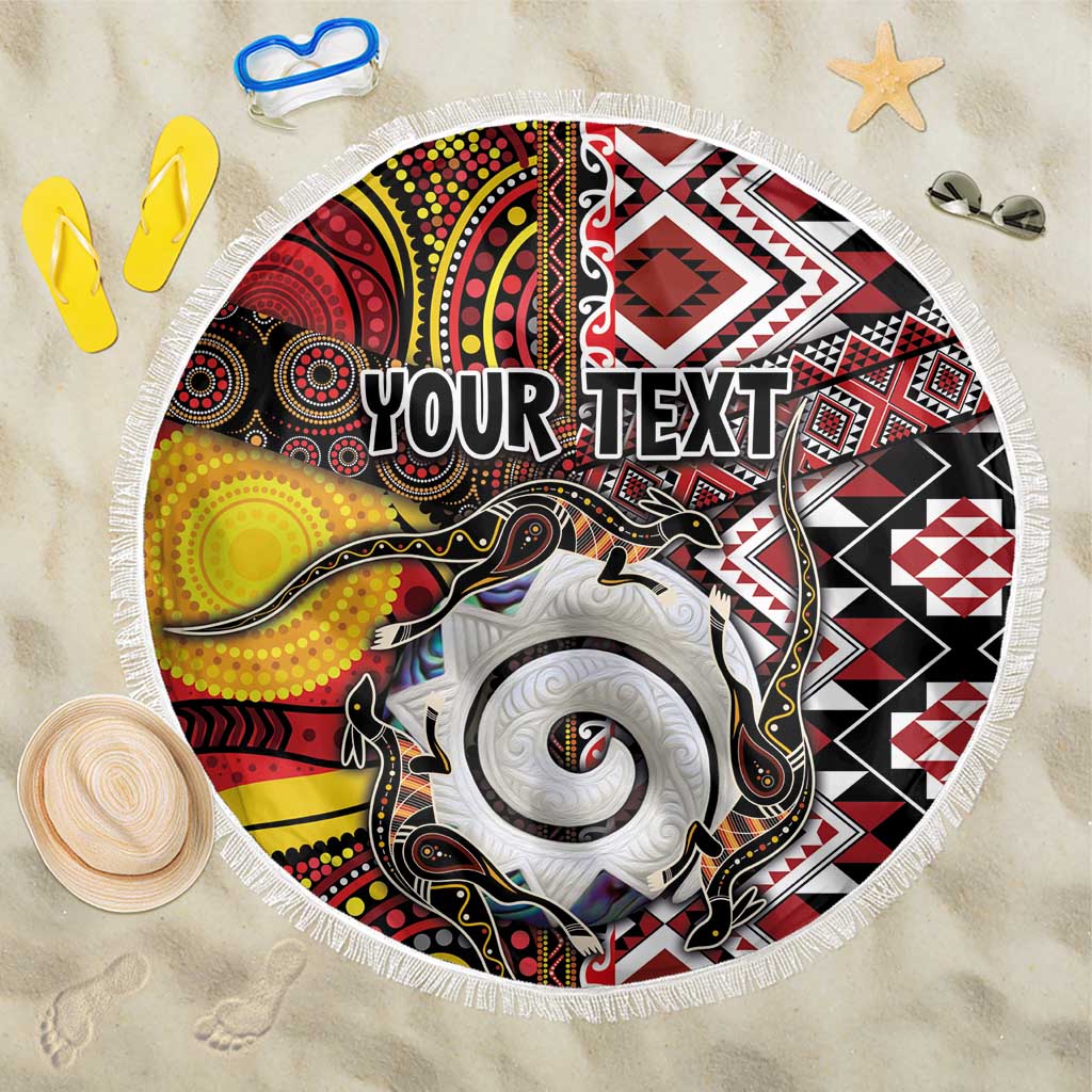 Personalised Aotearoa and Australia Together Beach Blanket Koru and Kangaroo - Taniko with Aboriginal Motif LT03 One Size 150cm Black - Polynesian Pride