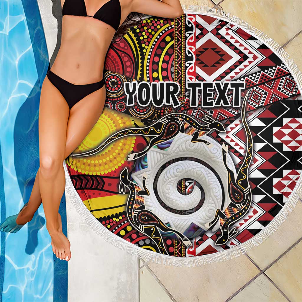 Personalised Aotearoa and Australia Together Beach Blanket Koru and Kangaroo - Taniko with Aboriginal Motif LT03 - Polynesian Pride