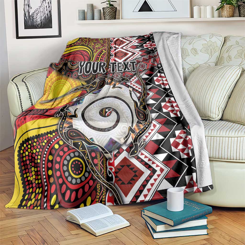 Personalised Aotearoa and Australia Together Blanket Koru and Kangaroo - Taniko with Aboriginal Motif LT03 Black - Polynesian Pride