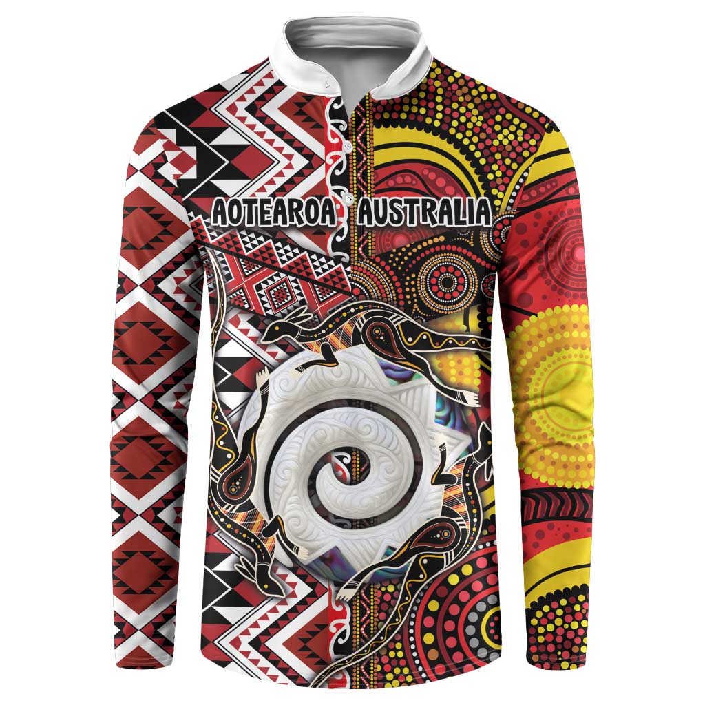 Personalised Aotearoa and Australia Together Button Sweatshirt Koru and Kangaroo - Taniko with Aboriginal Motif LT03 Black - Polynesian Pride