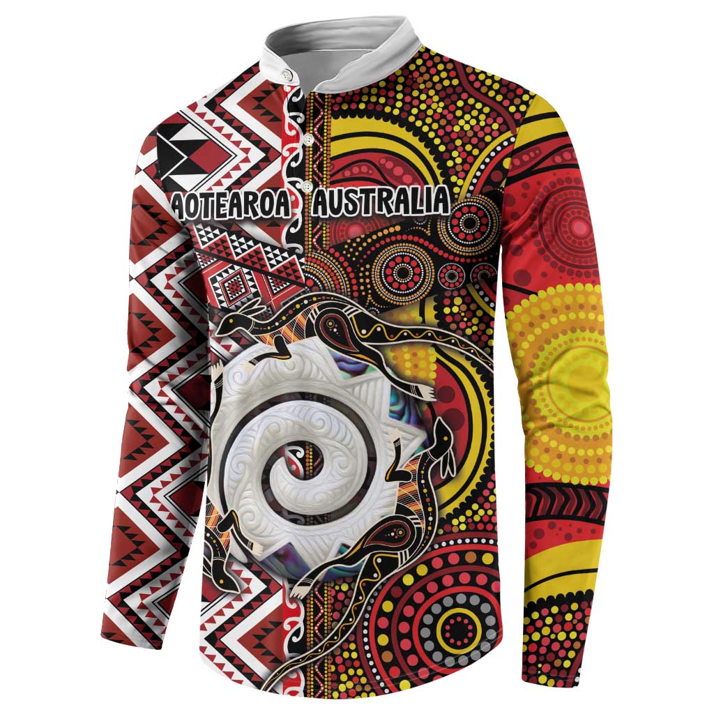 Personalised Aotearoa and Australia Together Button Sweatshirt Koru and Kangaroo - Taniko with Aboriginal Motif LT03 - Polynesian Pride