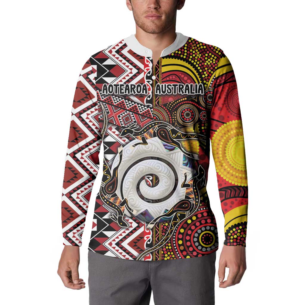 Personalised Aotearoa and Australia Together Button Sweatshirt Koru and Kangaroo - Taniko with Aboriginal Motif LT03 - Polynesian Pride