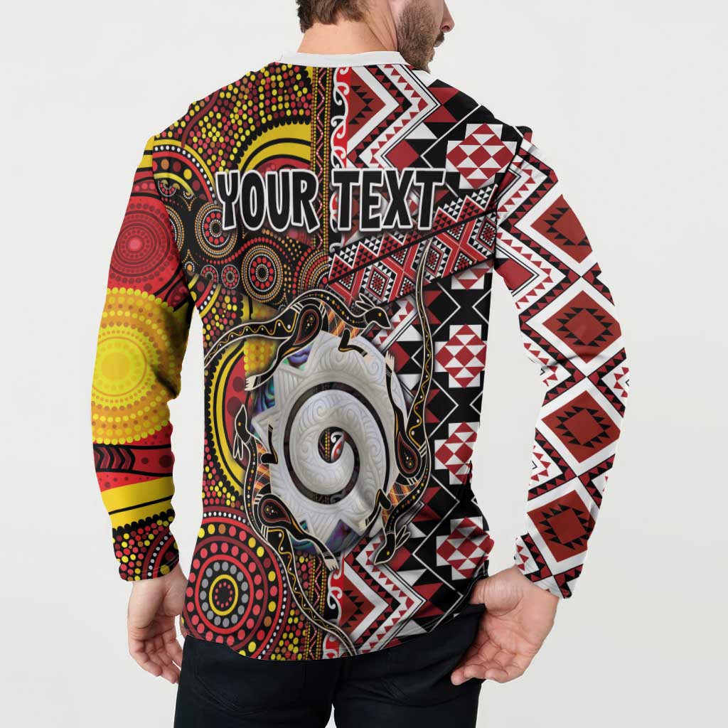 Personalised Aotearoa and Australia Together Button Sweatshirt Koru and Kangaroo - Taniko with Aboriginal Motif LT03 - Polynesian Pride
