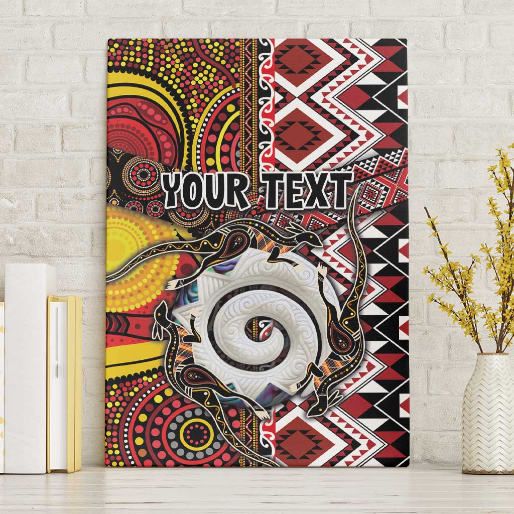 Personalised Aotearoa and Australia Together Canvas Wall Art Koru and Kangaroo - Taniko with Aboriginal Motif LT03 Without Frame Black - Polynesian Pride