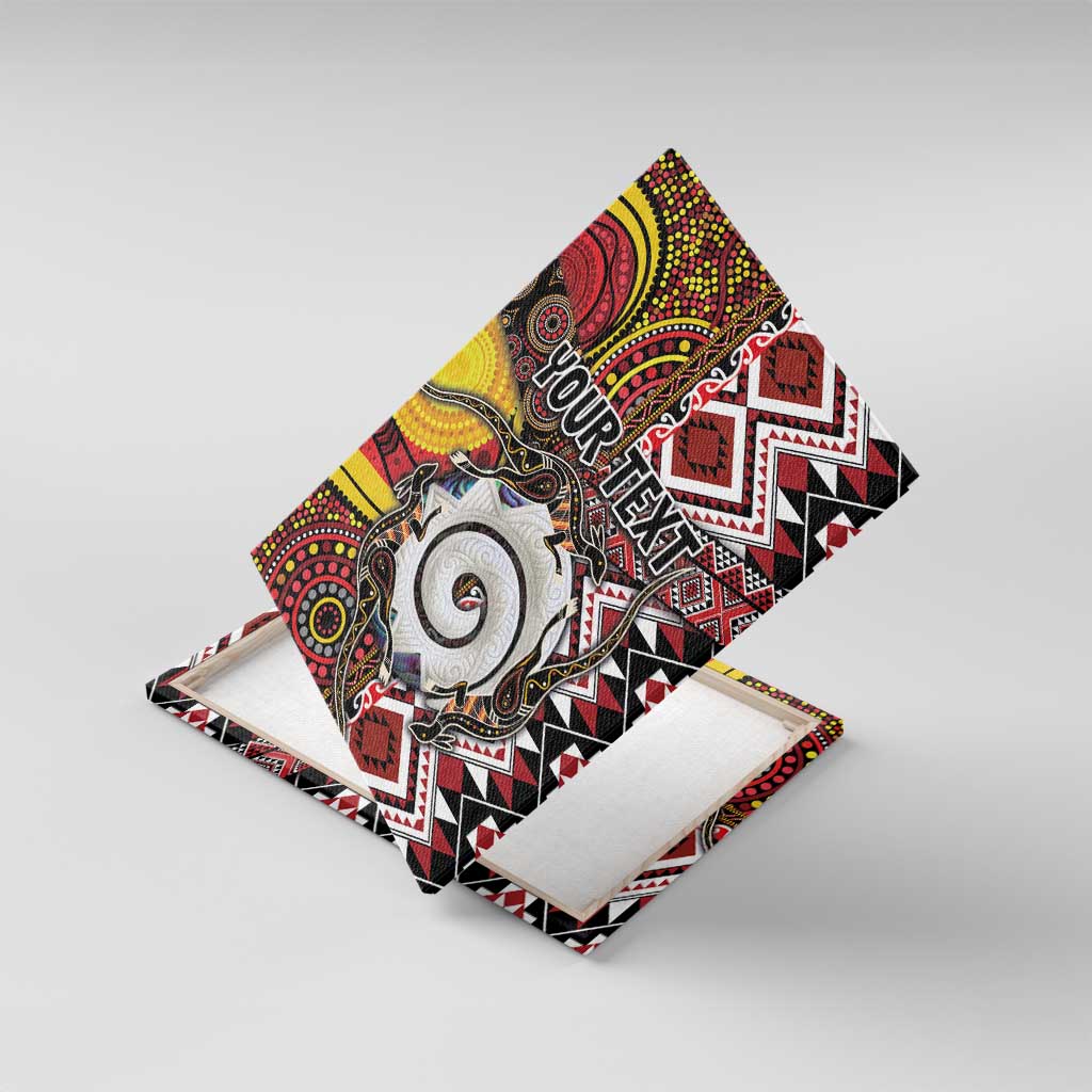 Personalised Aotearoa and Australia Together Canvas Wall Art Koru and Kangaroo - Taniko with Aboriginal Motif LT03 With Frame Black - Polynesian Pride