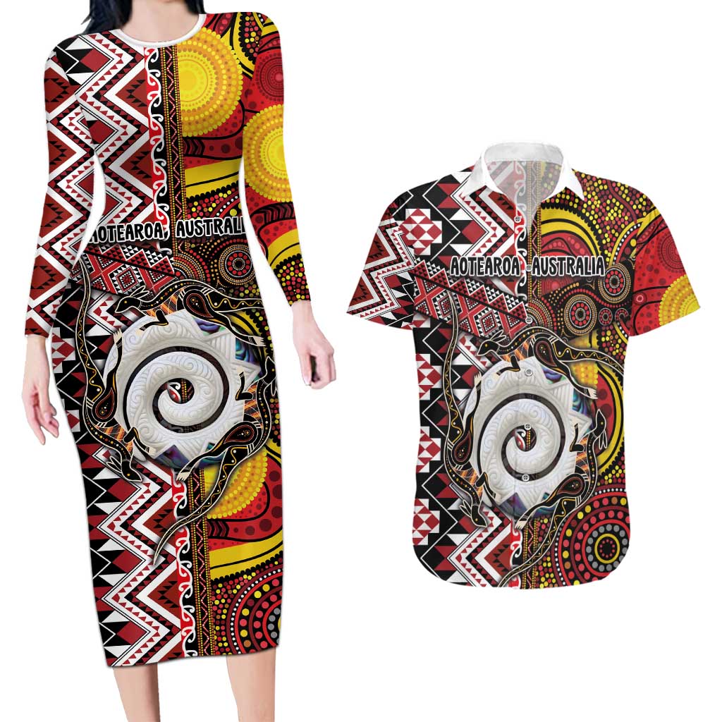 Personalised Aotearoa and Australia Together Couples Matching Long Sleeve Bodycon Dress and Hawaiian Shirt Koru and Kangaroo - Taniko with Aboriginal Motif LT03 Black - Polynesian Pride