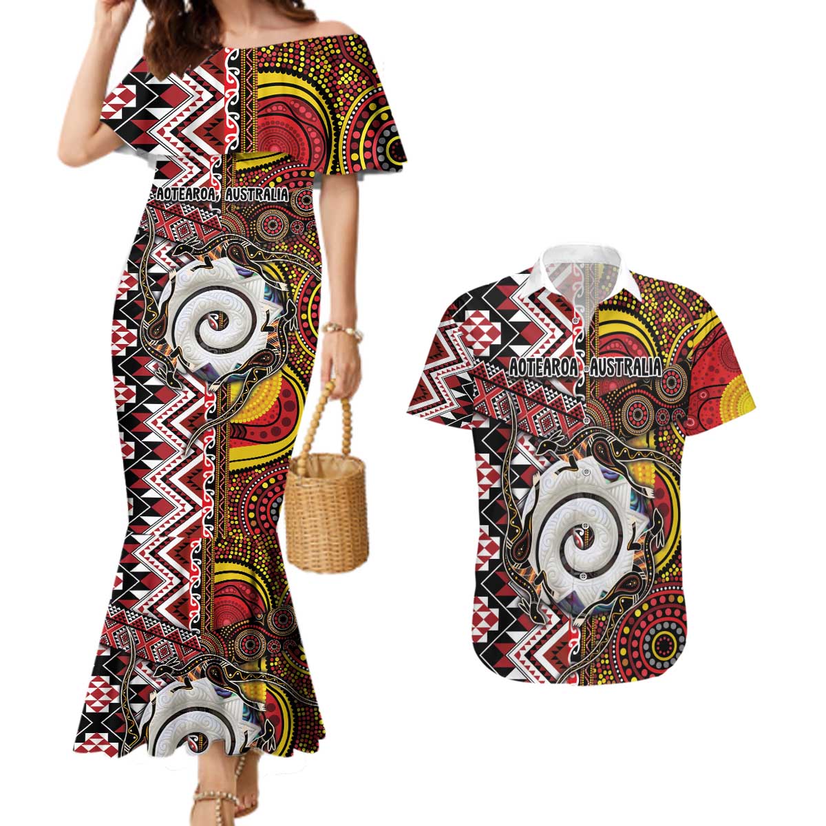 Personalised Aotearoa and Australia Together Couples Matching Mermaid Dress and Hawaiian Shirt Koru and Kangaroo - Taniko with Aboriginal Motif LT03 Black - Polynesian Pride