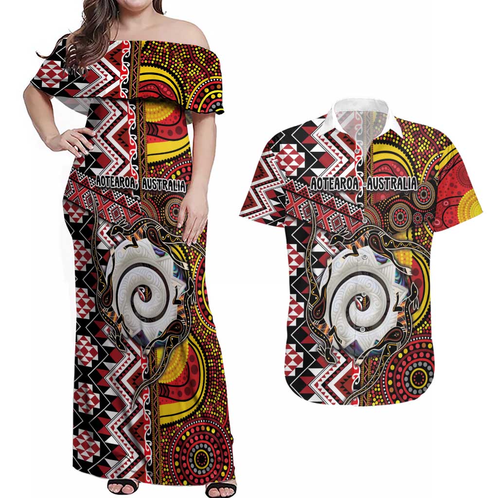 Personalised Aotearoa and Australia Together Couples Matching Off Shoulder Maxi Dress and Hawaiian Shirt Koru and Kangaroo - Taniko with Aboriginal Motif LT03 Black - Polynesian Pride