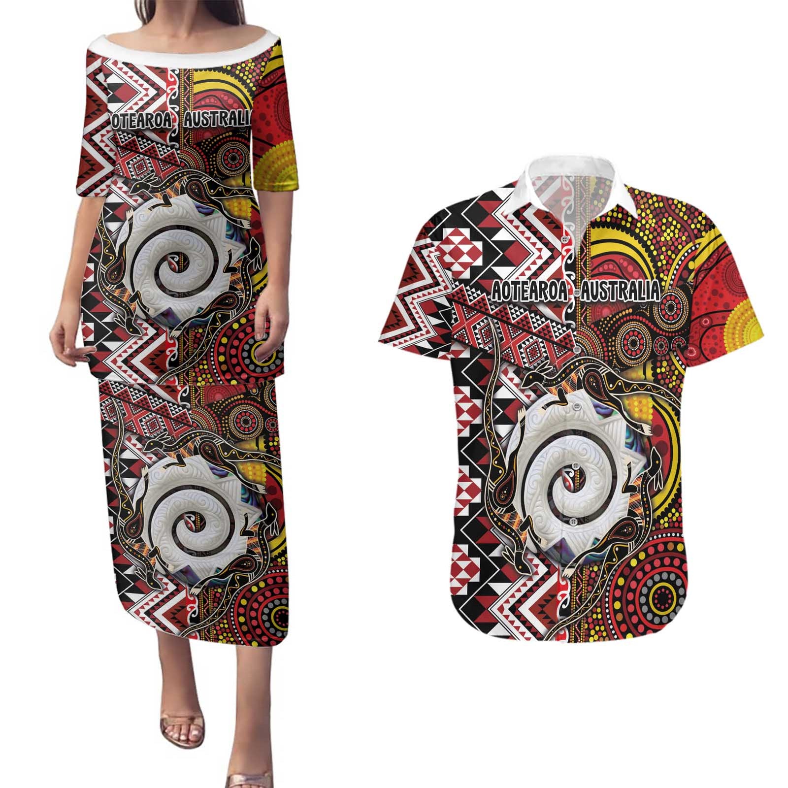 Personalised Aotearoa and Australia Together Couples Matching Puletasi and Hawaiian Shirt Koru and Kangaroo - Taniko with Aboriginal Motif LT03 Black - Polynesian Pride