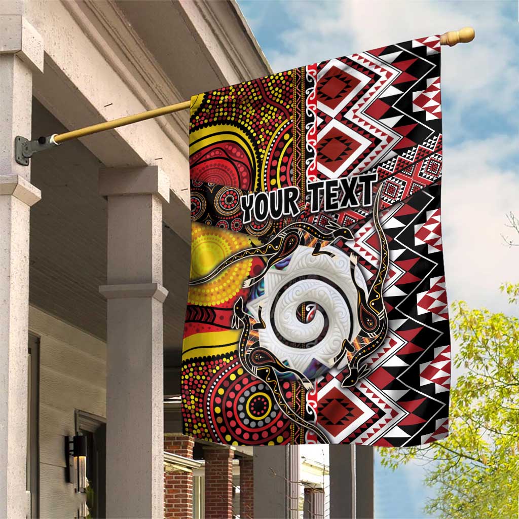 Personalised Aotearoa and Australia Together Garden Flag Koru and Kangaroo - Taniko with Aboriginal Motif