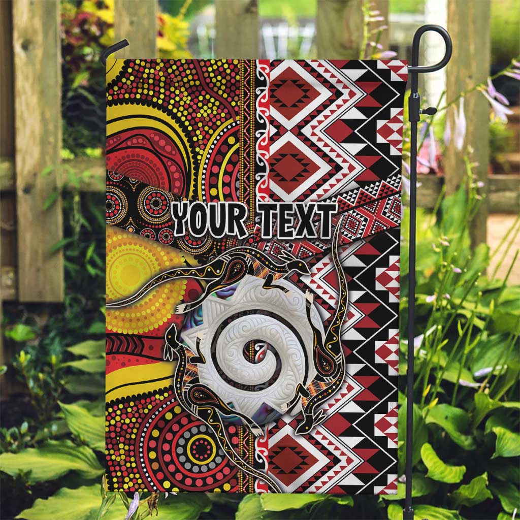 Personalised Aotearoa and Australia Together Garden Flag Koru and Kangaroo - Taniko with Aboriginal Motif LT03 Garden Flag Black - Polynesian Pride