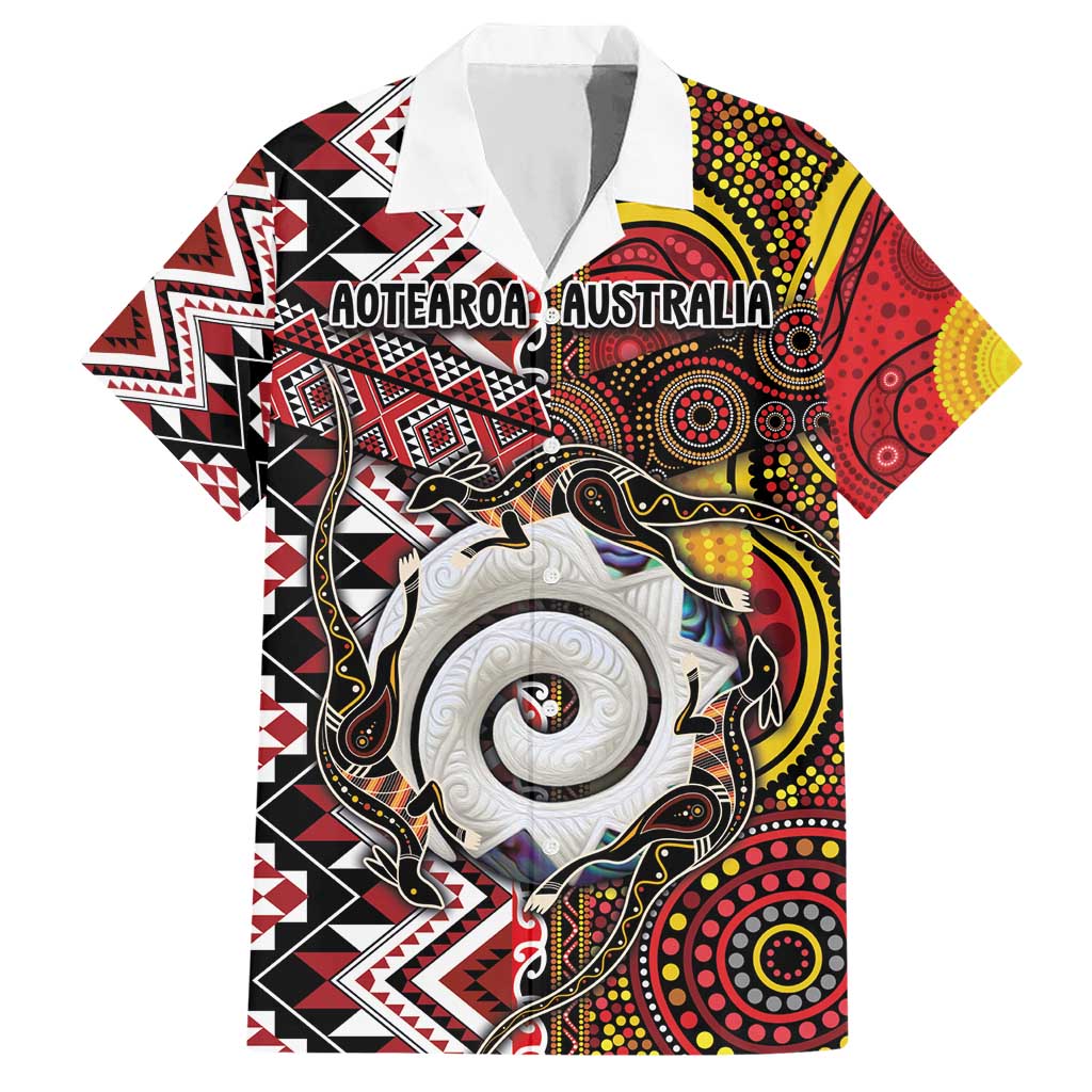 Personalised Aotearoa and Australia Together Hawaiian Shirt Koru and Kangaroo - Taniko with Aboriginal Motif LT03 Black - Polynesian Pride