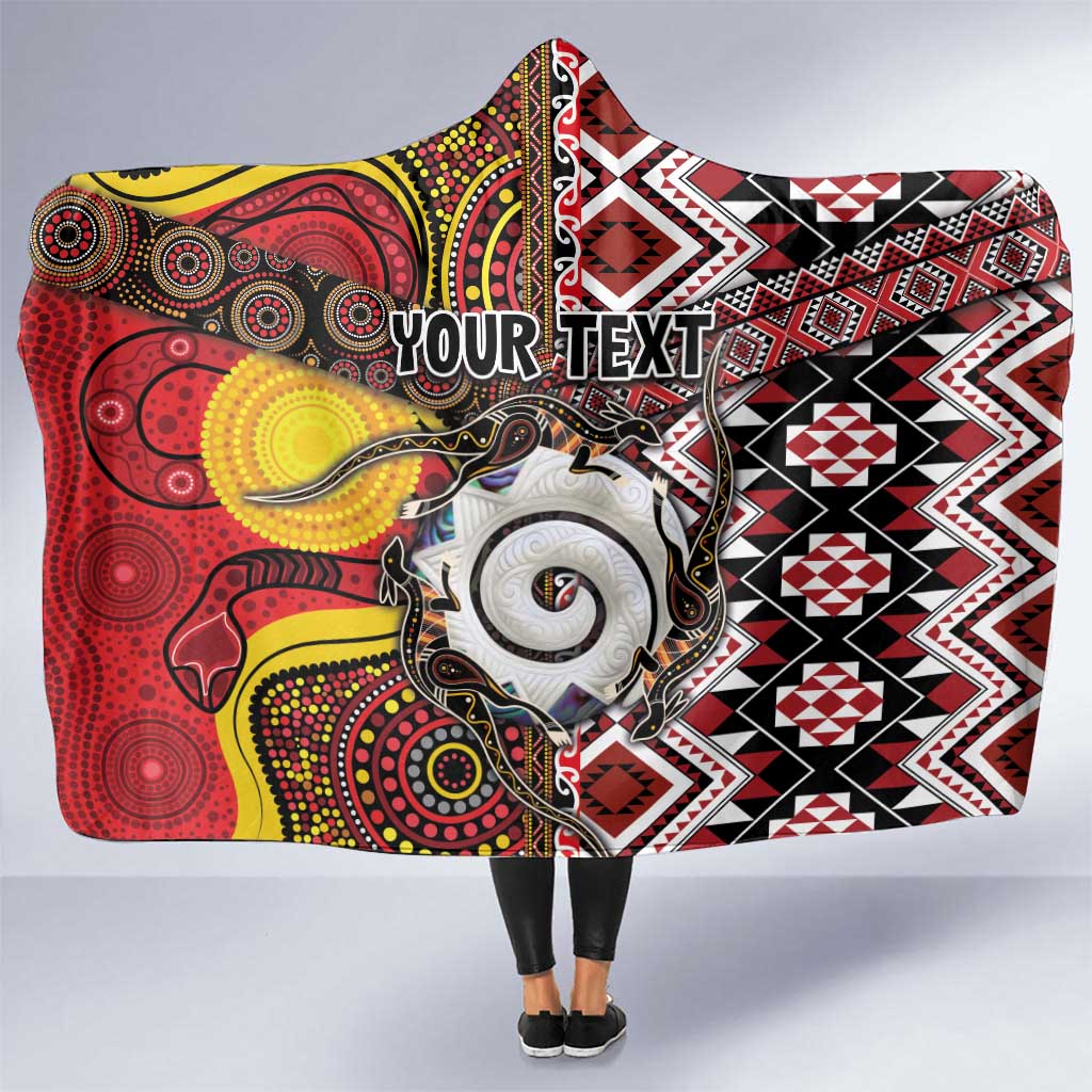 Personalised Aotearoa and Australia Together Hooded Blanket Koru and Kangaroo - Taniko with Aboriginal Motif LT03 One Size Black - Polynesian Pride