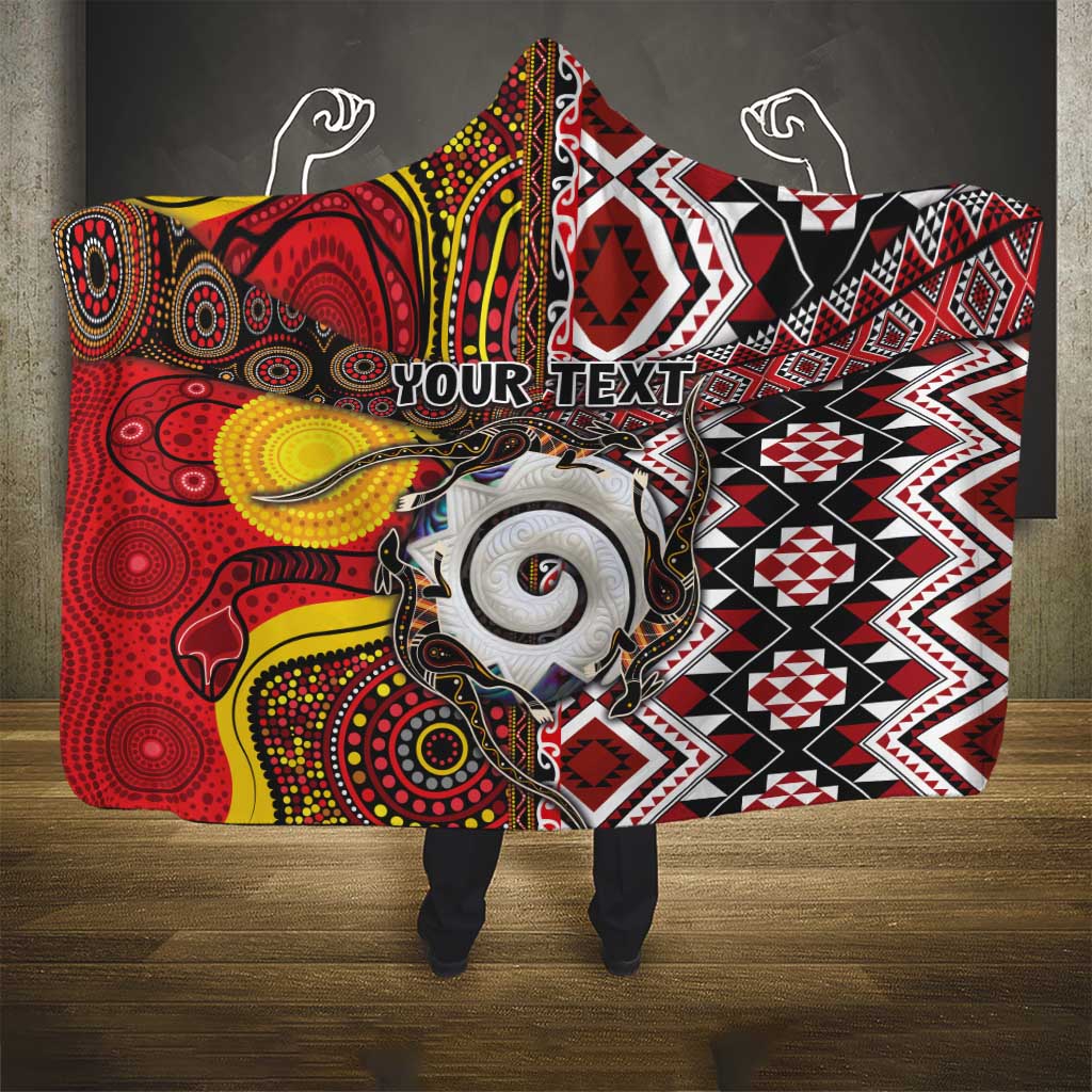 Personalised Aotearoa and Australia Together Hooded Blanket Koru and Kangaroo - Taniko with Aboriginal Motif LT03 - Polynesian Pride