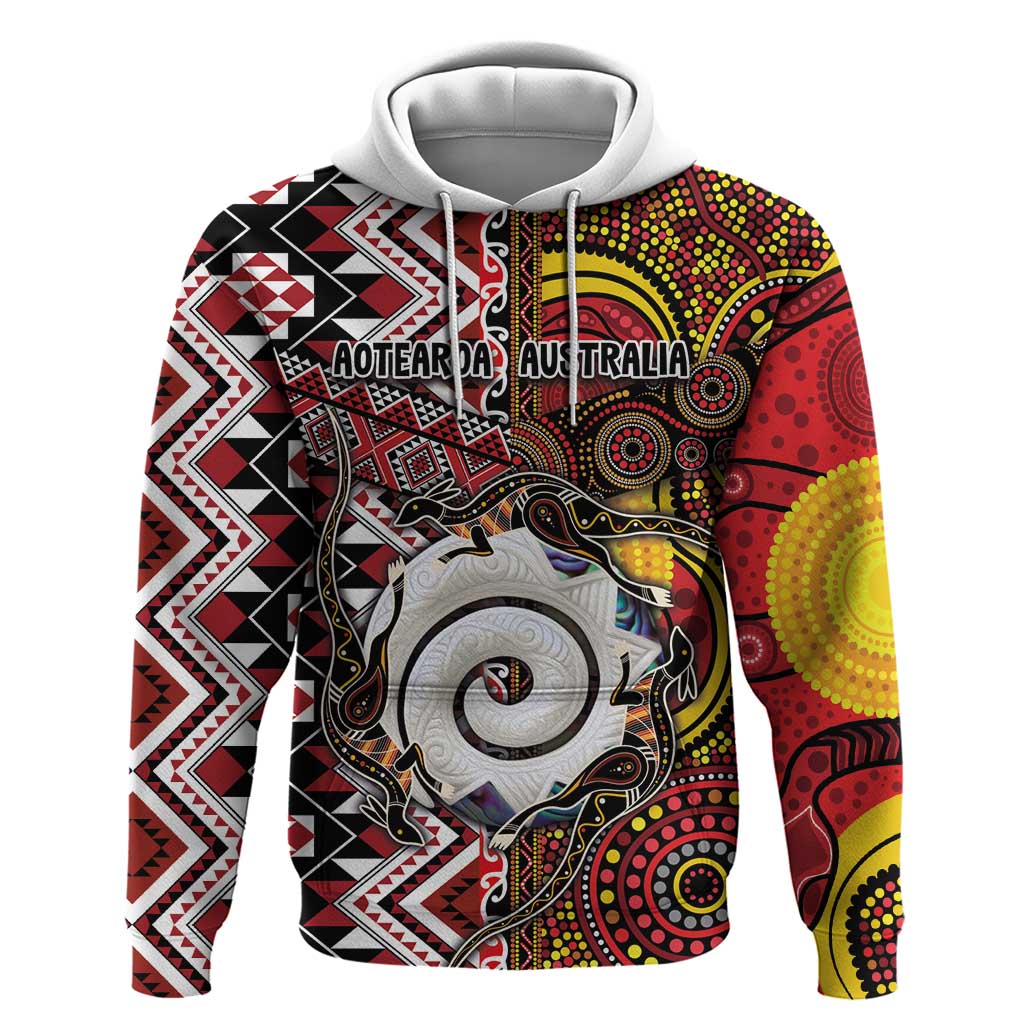 Personalised Aotearoa and Australia Together Hoodie Koru and Kangaroo - Taniko with Aboriginal Motif