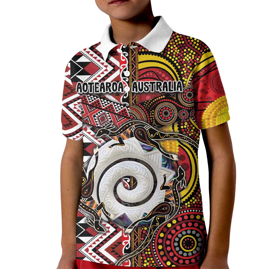 Personalised Aotearoa and Australia Together Kid Polo Shirt Koru and Kangaroo - Taniko with Aboriginal Motif