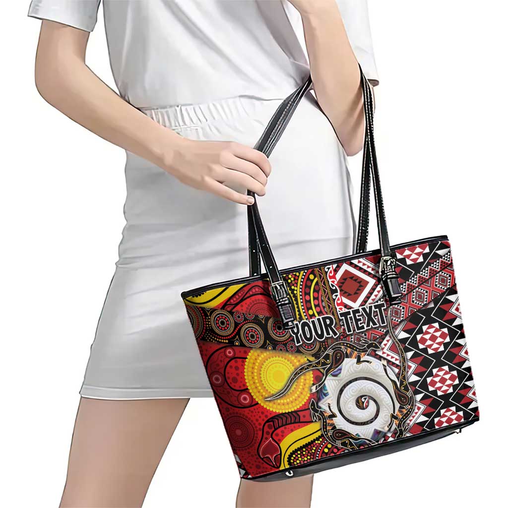 Personalised Aotearoa and Australia Together Leather Tote Bag Koru and Kangaroo - Taniko with Aboriginal Motif