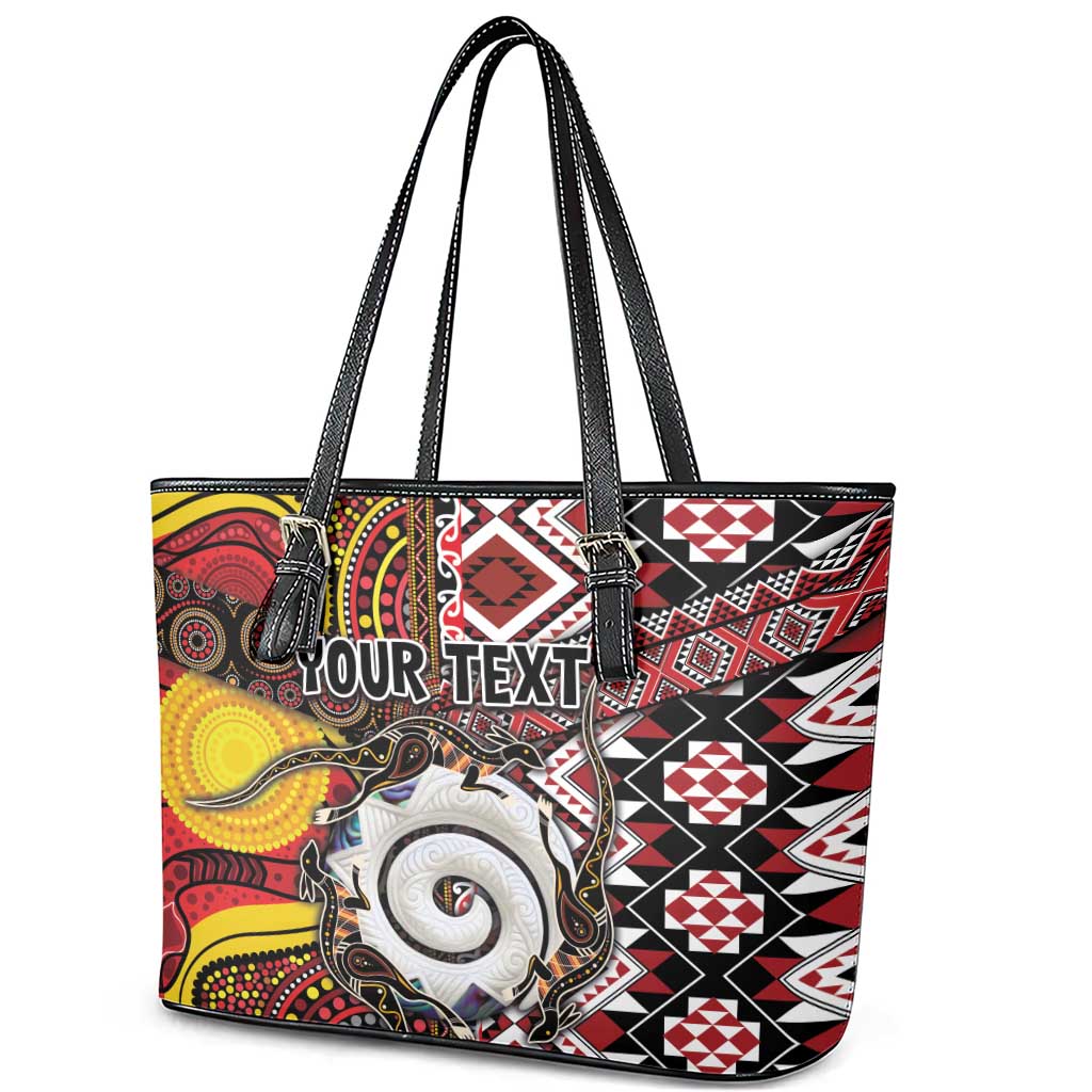 Personalised Aotearoa and Australia Together Leather Tote Bag Koru and Kangaroo - Taniko with Aboriginal Motif