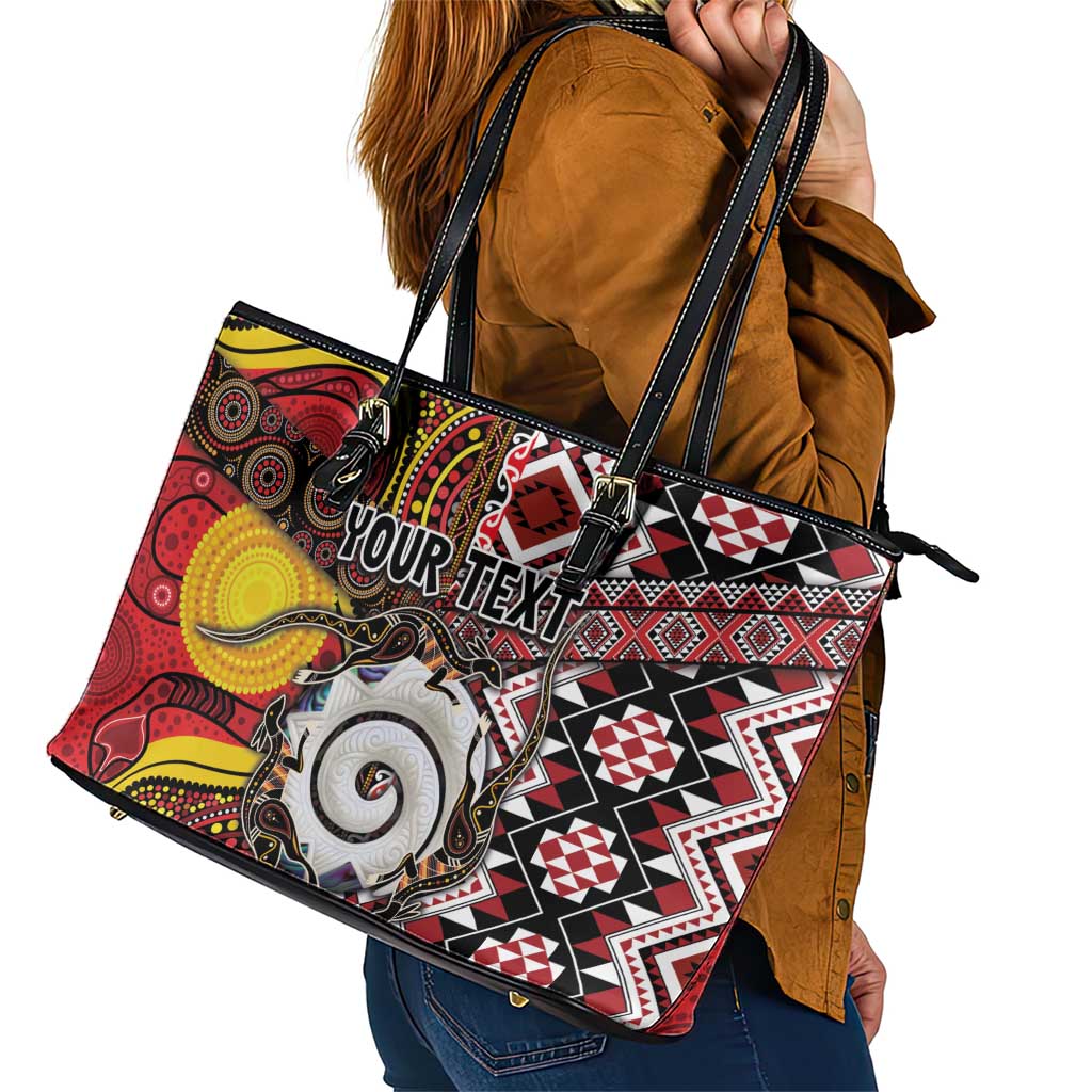 Personalised Aotearoa and Australia Together Leather Tote Bag Koru and Kangaroo - Taniko with Aboriginal Motif