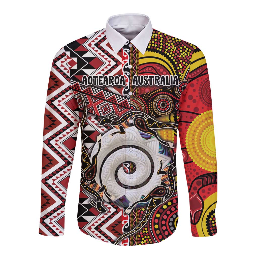 Personalised Aotearoa and Australia Together Long Sleeve Button Shirt Koru and Kangaroo - Taniko with Aboriginal Motif LT03 Unisex Black - Polynesian Pride