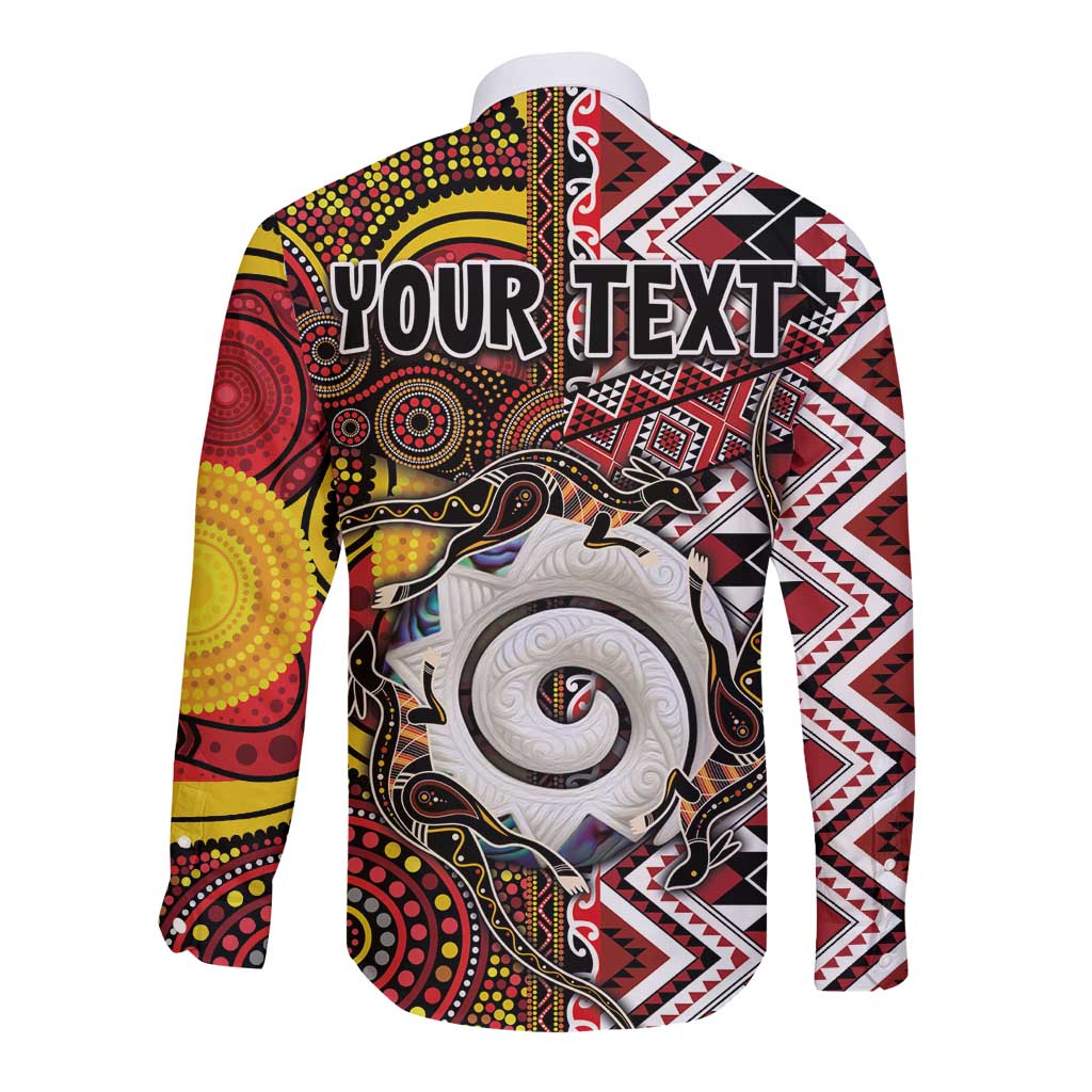 Personalised Aotearoa and Australia Together Long Sleeve Button Shirt Koru and Kangaroo - Taniko with Aboriginal Motif LT03 - Polynesian Pride