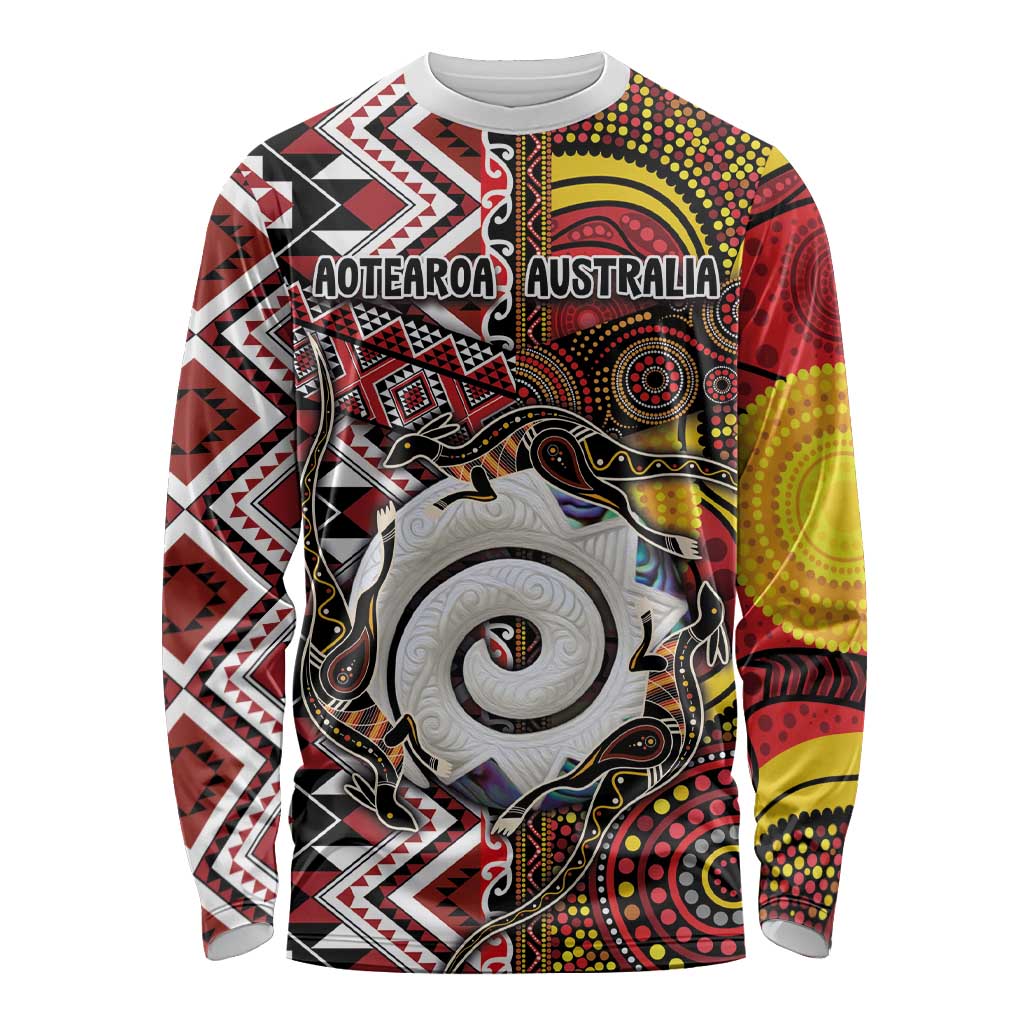 Personalised Aotearoa and Australia Together Long Sleeve Shirt Koru and Kangaroo - Taniko with Aboriginal Motif LT03 Unisex Black - Polynesian Pride