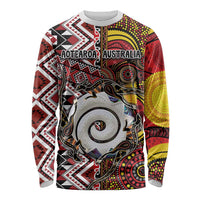 Personalised Aotearoa and Australia Together Long Sleeve Shirt Koru and Kangaroo - Taniko with Aboriginal Motif LT03 Unisex Black - Polynesian Pride