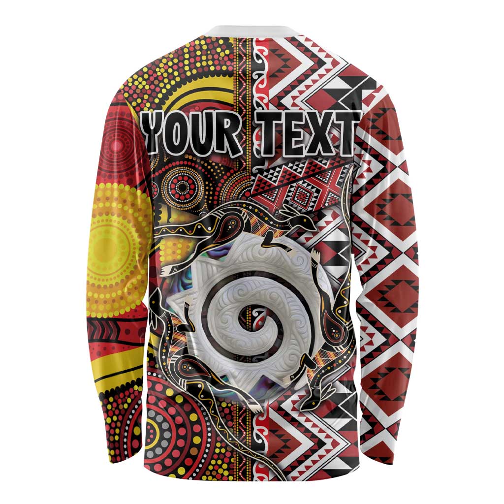 Personalised Aotearoa and Australia Together Long Sleeve Shirt Koru and Kangaroo - Taniko with Aboriginal Motif LT03 - Polynesian Pride