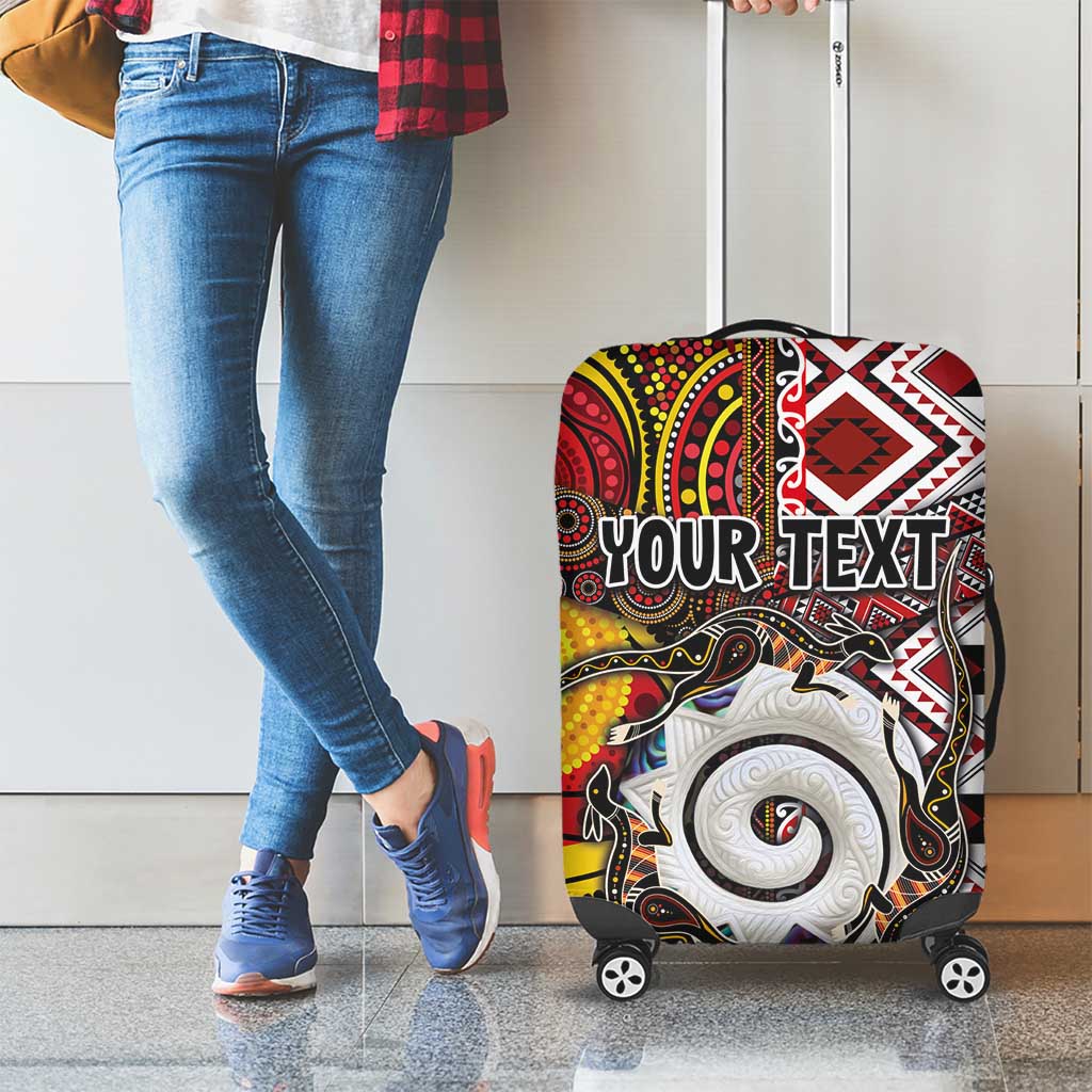 Personalised Aotearoa and Australia Together Luggage Cover Koru and Kangaroo - Taniko with Aboriginal Motif