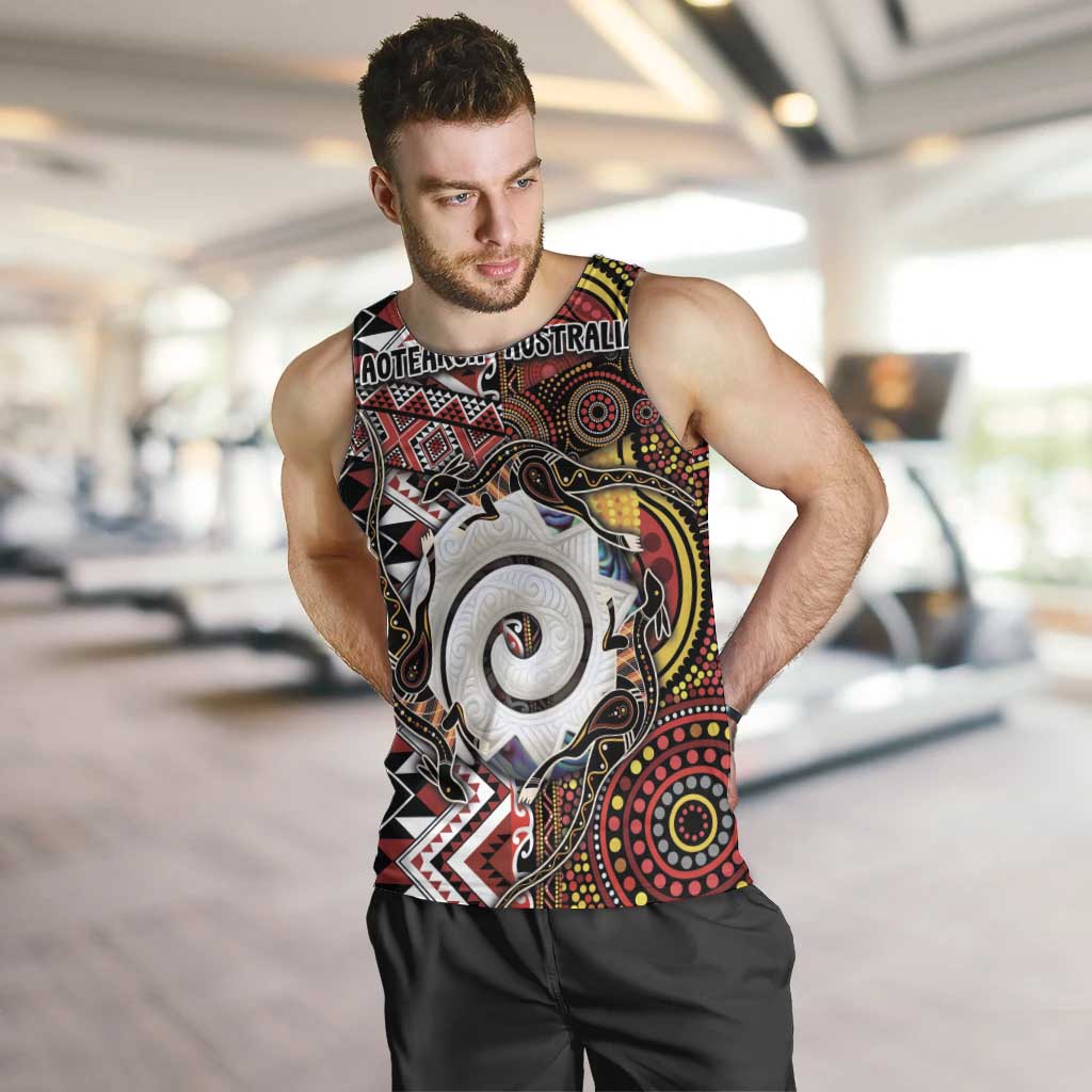 Personalised Aotearoa and Australia Together Men Tank Top Koru and Kangaroo - Taniko with Aboriginal Motif LT03 Black - Polynesian Pride