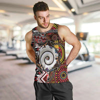 Personalised Aotearoa and Australia Together Men Tank Top Koru and Kangaroo - Taniko with Aboriginal Motif LT03 Black - Polynesian Pride