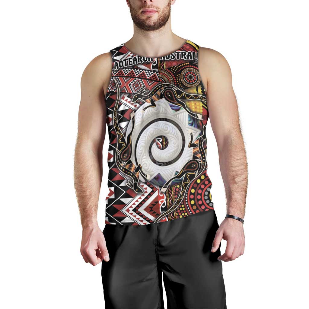 Personalised Aotearoa and Australia Together Men Tank Top Koru and Kangaroo - Taniko with Aboriginal Motif LT03 - Polynesian Pride