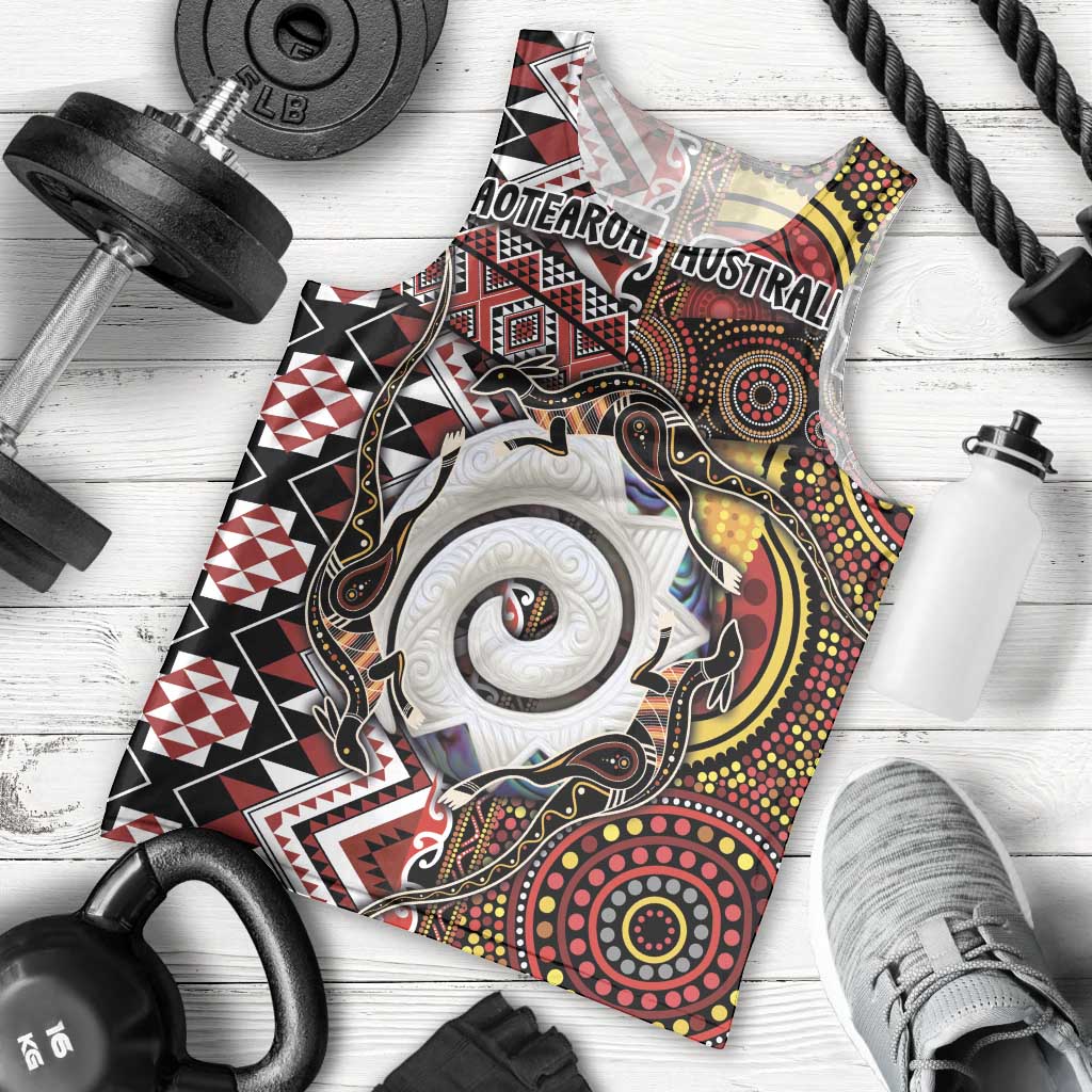 Personalised Aotearoa and Australia Together Men Tank Top Koru and Kangaroo - Taniko with Aboriginal Motif LT03 - Polynesian Pride