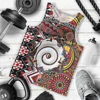 Personalised Aotearoa and Australia Together Men Tank Top Koru and Kangaroo - Taniko with Aboriginal Motif LT03 - Polynesian Pride