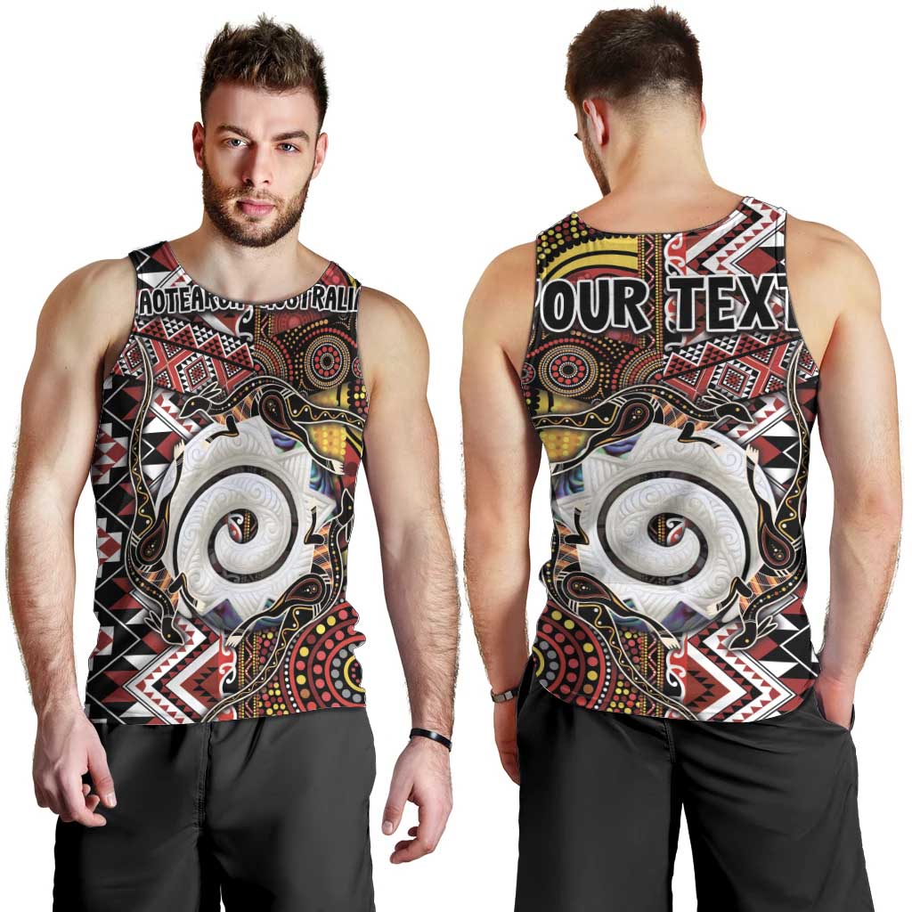 Personalised Aotearoa and Australia Together Men Tank Top Koru and Kangaroo - Taniko with Aboriginal Motif LT03 - Polynesian Pride