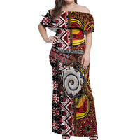 Personalised Aotearoa and Australia Together Off Shoulder Maxi Dress Koru and Kangaroo - Taniko with Aboriginal Motif LT03 Women Black - Polynesian Pride