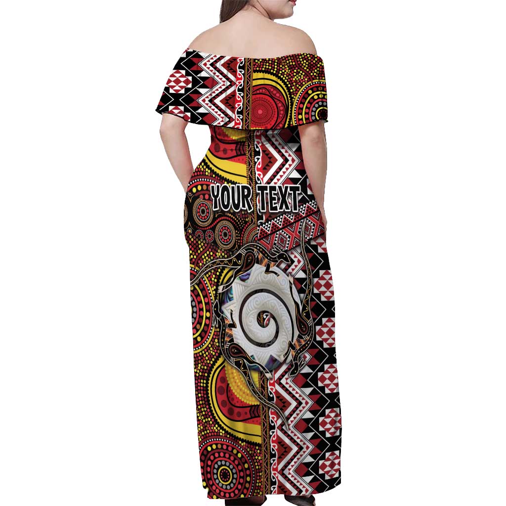 Personalised Aotearoa and Australia Together Off Shoulder Maxi Dress Koru and Kangaroo - Taniko with Aboriginal Motif LT03 - Polynesian Pride