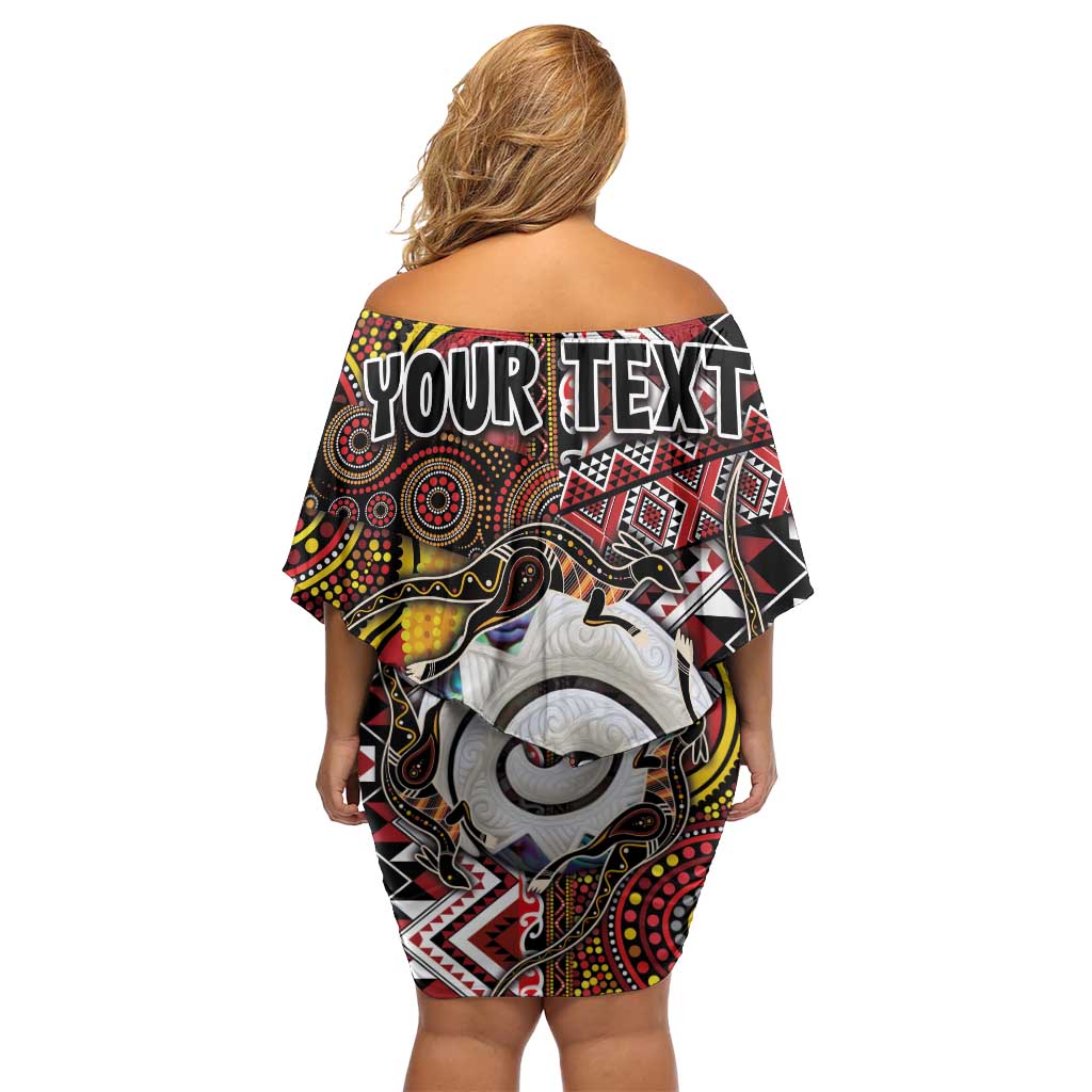 Personalised Aotearoa and Australia Together Off Shoulder Short Dress Koru and Kangaroo - Taniko with Aboriginal Motif LT03 - Polynesian Pride