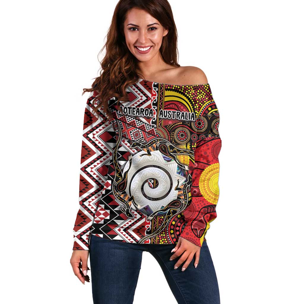 Personalised Aotearoa and Australia Together Off Shoulder Sweater Koru and Kangaroo - Taniko with Aboriginal Motif