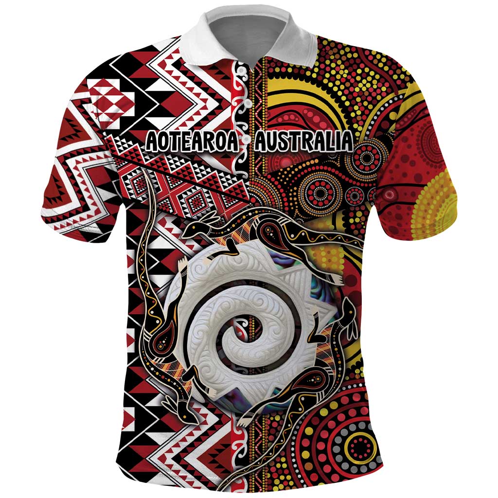 Personalised Aotearoa and Australia Together Polo Shirt Koru and Kangaroo - Taniko with Aboriginal Motif