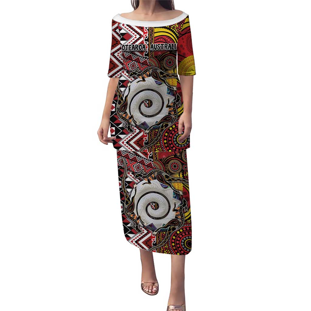 Personalised Aotearoa and Australia Together Puletasi Koru and Kangaroo - Taniko with Aboriginal Motif LT03 Long Dress Black - Polynesian Pride