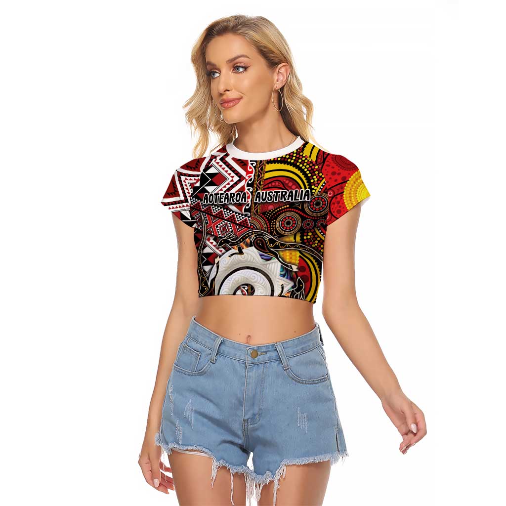 Personalised Aotearoa and Australia Together Raglan Cropped T Shirt Koru and Kangaroo - Taniko with Aboriginal Motif LT03 Female Black - Polynesian Pride
