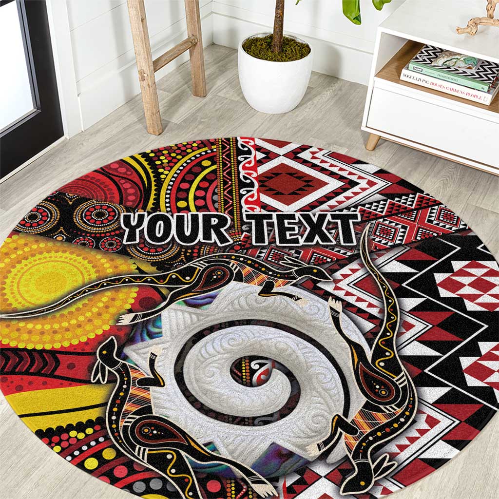 Personalised Aotearoa and Australia Together Round Carpet Koru and Kangaroo - Taniko with Aboriginal Motif