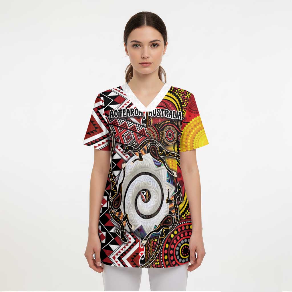 Personalised Aotearoa and Australia Together Scrub Top Koru and Kangaroo - Taniko with Aboriginal Motif LT03 - Polynesian Pride