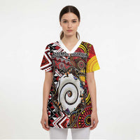 Personalised Aotearoa and Australia Together Scrub Top Koru and Kangaroo - Taniko with Aboriginal Motif LT03 - Polynesian Pride
