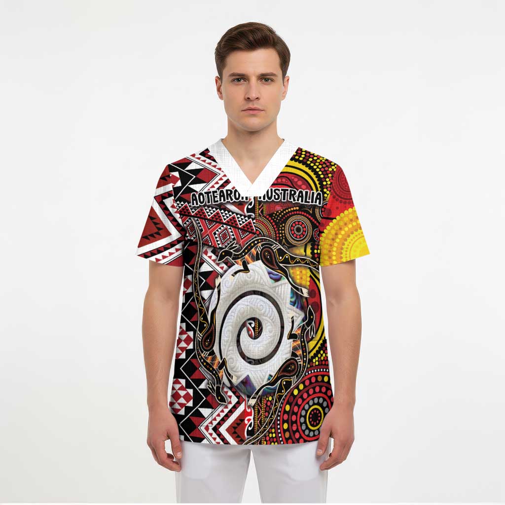 Personalised Aotearoa and Australia Together Scrub Top Koru and Kangaroo - Taniko with Aboriginal Motif LT03 - Polynesian Pride