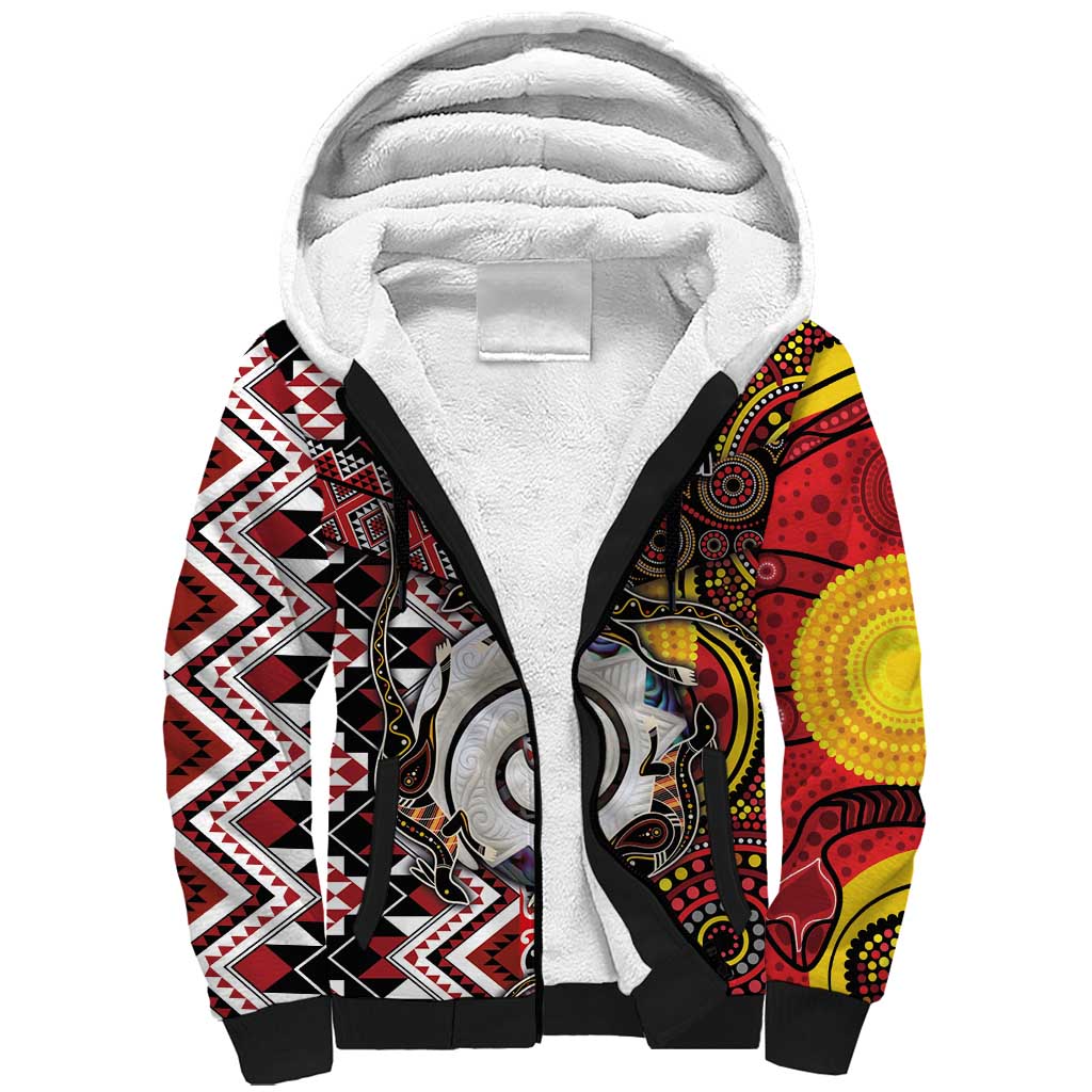 Personalised Aotearoa and Australia Together Sherpa Hoodie Koru and Kangaroo - Taniko with Aboriginal Motif