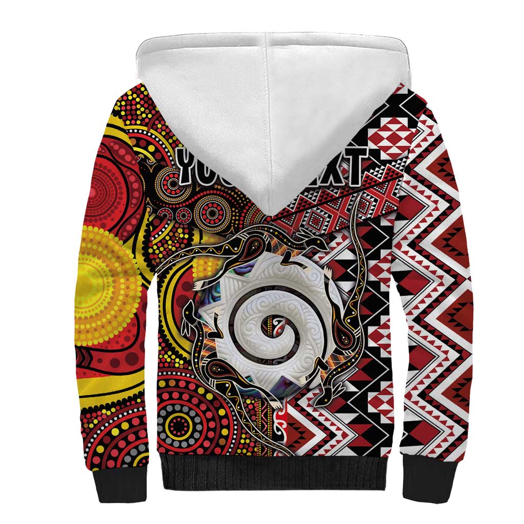 Personalised Aotearoa and Australia Together Sherpa Hoodie Koru and Kangaroo - Taniko with Aboriginal Motif LT03 - Polynesian Pride
